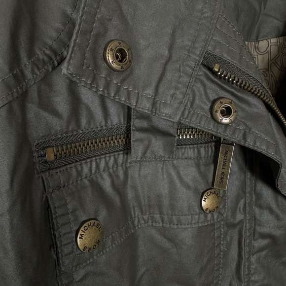 Michael Kors Olive Green Waxed Utility Jacket Women XL Pockets Zip Snap Military - Picture 6 of 9